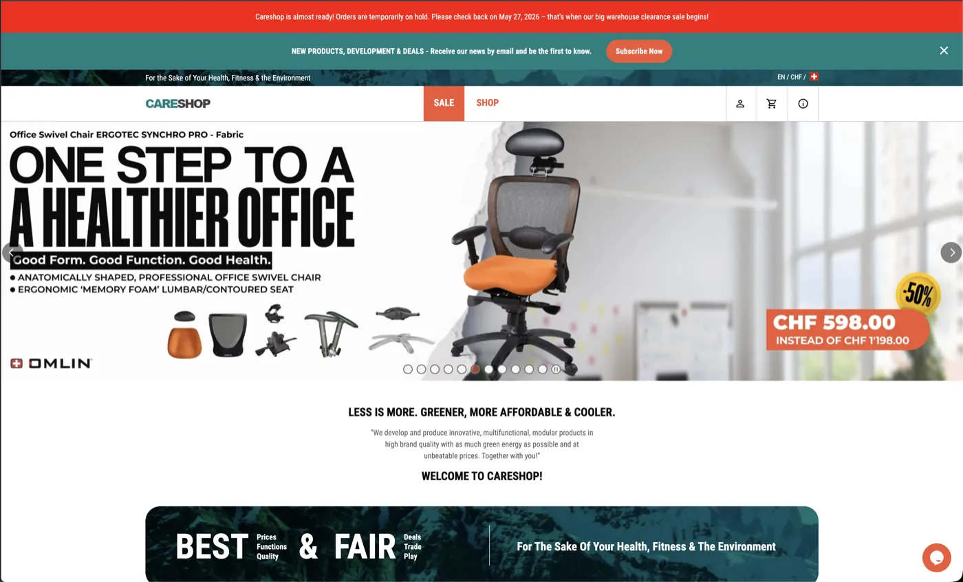 Careshop Magento 2 storefront homepage after page speed optimization